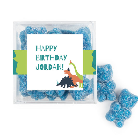 Personalized Dinosaur Birthday JUST CANDY® favor cube with Sugar Sanded Gummy Bears Blue Dino
