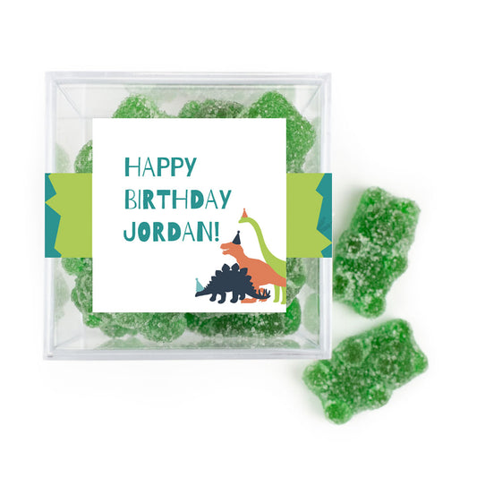 Personalized Dinosaur Birthday JUST CANDY® favor cube with Sugar Sanded Gummy Bears Blue Dino