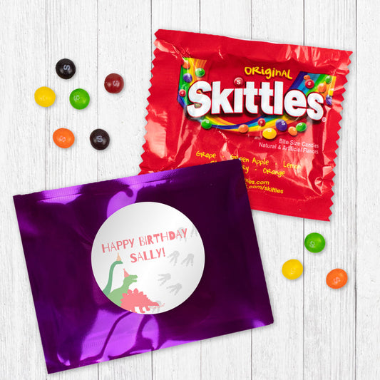 Personalized Kids Birthday Pink Dino Skittles Favor Bag