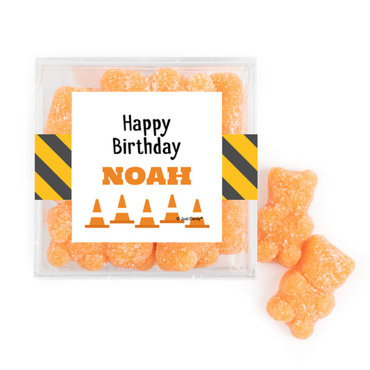 Personalized Construction Birthday JUST CANDY® favor cube with Sugar Sanded Gummy Bears