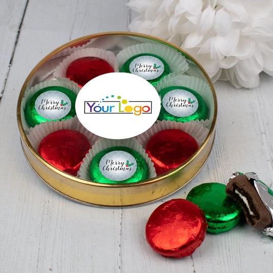 Personalized Add Your Logo' Merry Christmas Silver Large Plastic Tin with 8 Chocolate Covered Oreo Cookies