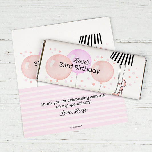 Personalized Birthday Balloons and Heels Chocolate Bar Wrappers