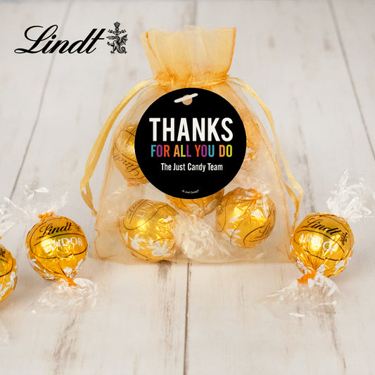 Personalized Thank You Thanks for All You Do Lindor Truffles by Lindt in Organza Bags with Gift Tag
