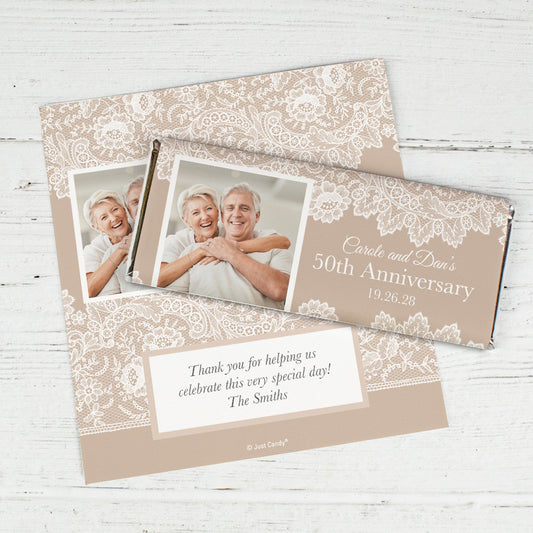 Personalized Anniversary Burlap and Lace Chocolate Bar Wrappers Only
