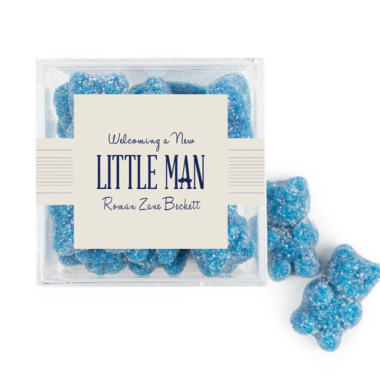 Personalized Boy Birth Announement Welcome a New Little Man JUST CANDY® favor cube with Sugar Sanded Gummy Bears