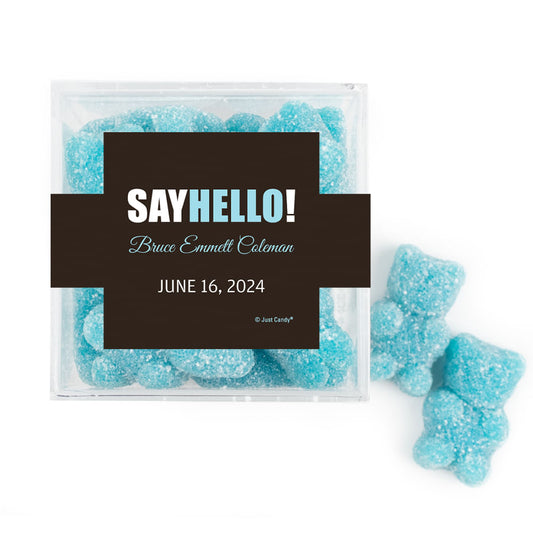Personalized Boy Birth Announement Say Hello! JUST CANDY® favor cube with Sugar Sanded Gummy Bears
