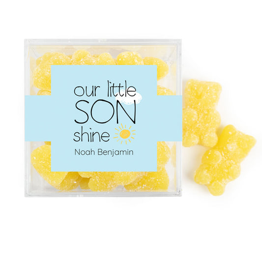 Personalized Boy Birth Announement Our little Sonshine JUST CANDY® favor cube with Sugar Sanded Gummy Bears
