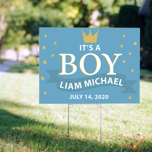 Personalized It's a Boy Yard Sign and Stake - Birth Announcement Crown