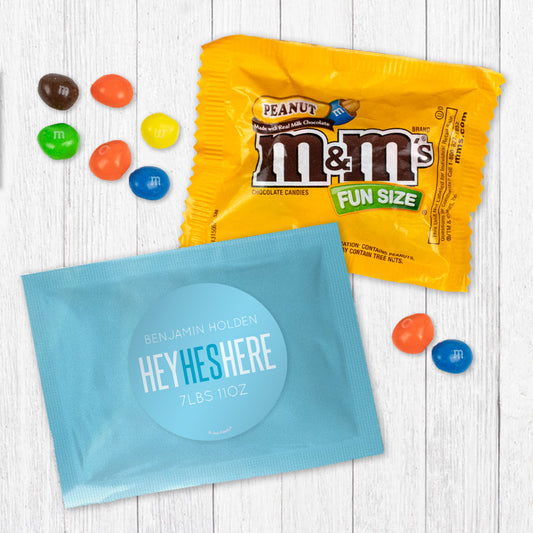 Personalized He's Here Baby Boy Announcement Candy Favor Bag - M&Ms or Skittles