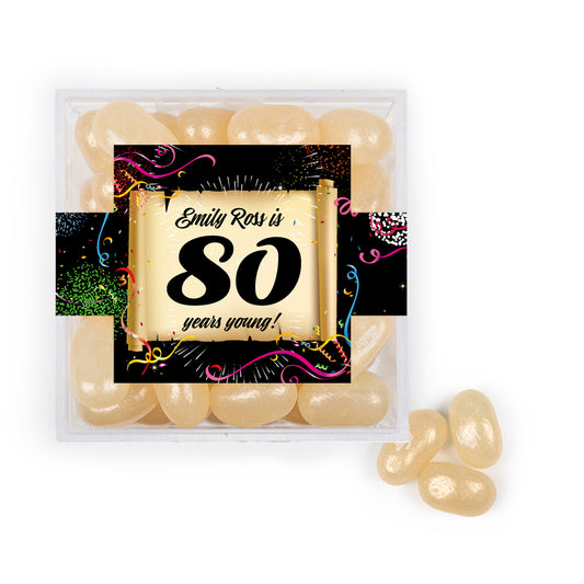 Personalized Milestones 80th Birthday Confetti Scroll JUST CANDY® favor cube with Jelly Belly Jelly Beans