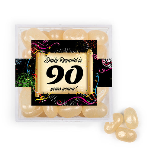 Personalized Milestones 90th Birthday Confetti Scroll JUST CANDY® favor cube with Jelly Belly Jelly Beans