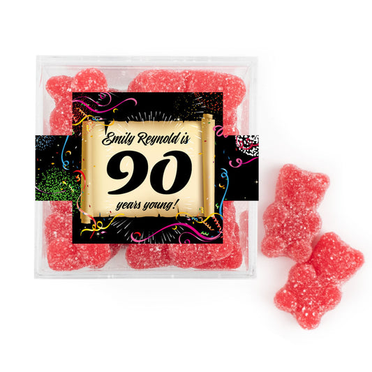 Personalized Milestones 90th Birthday Confetti Scroll JUST CANDY® favor cube with Sugar Sanded Gummy Bears