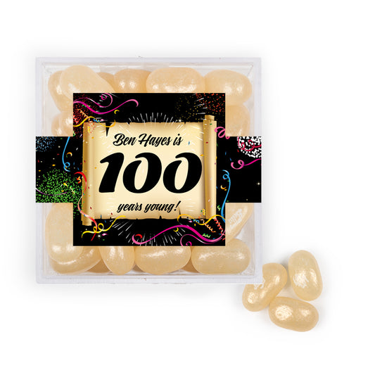 Personalized Milestones 100th Birthday Confetti Scroll JUST CANDY® favor cube with Jelly Belly Jelly Beans