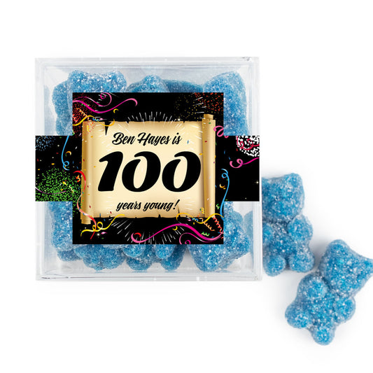 Personalized Milestones 100th Birthday Confetti Scroll JUST CANDY® favor cube with Sugar Sanded Gummy Bears