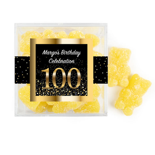 Personalized Milestones 100th Elegant Birthday Bash JUST CANDY® favor cube with Sugar Sanded Gummy Bears