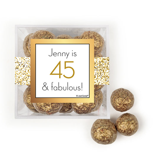 Personalized Birthday Glimmering Gold JUST CANDY® favor cube with Prosecco Cordials