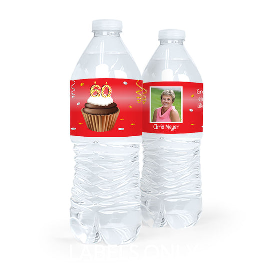 Personalized Milestones Birthday 60th Cupcake Water Bottle Sticker Labels (5 Labels)