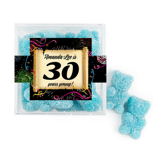 Personalized Milestones 30th Birthday Confetti Scroll JUST CANDY® favor cube with Sugar Sanded Gummy Bears