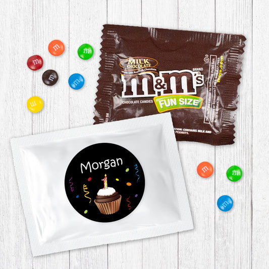 Personalized First Birthday Cupcake Candy Favor Bag - M&Ms or Skittles