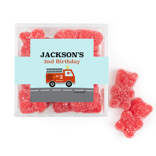 Personalized Red Firetruck Birthday JUST CANDY® favor cube with Sugar Sanded Gummy Bears