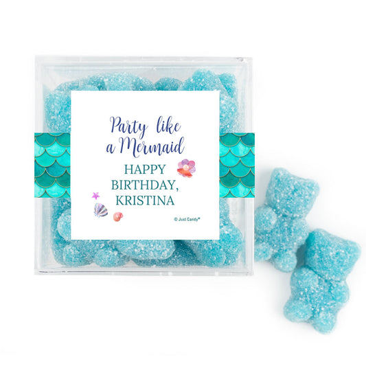 Personalized Mermaid Birthday JUST CANDY® favor cube with Sugar Sanded Gummy Bears Mermaid Tails