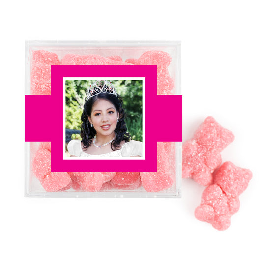 Personalized Quienceanera JUST CANDY® favor cube with Sugar Sanded Gummy Bears Photo