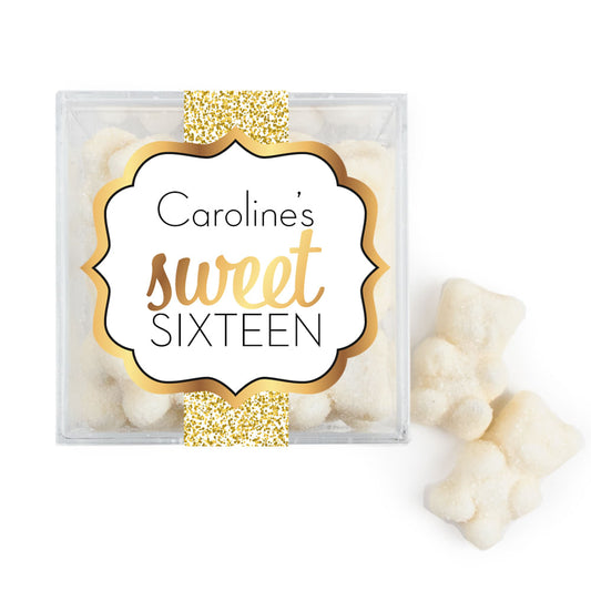 Personalized Sweet 16 Birthday Shower of Gold JUST CANDY® favor cube with Sugar Sanded Gummy Bears