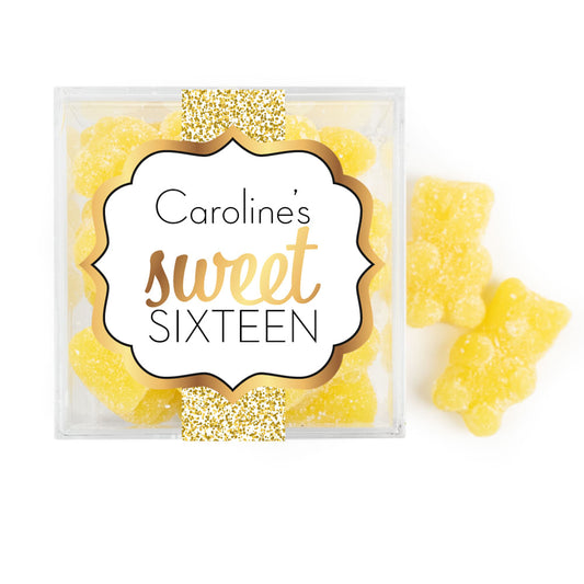 Personalized Sweet 16 Birthday Shower of Gold JUST CANDY® favor cube with Sugar Sanded Gummy Bears