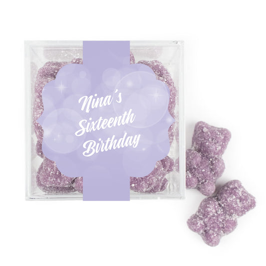 Personalized Sweet 16 Birthday Bubbles & Dots JUST CANDY® favor cube with Sugar Sanded Gummy Bears