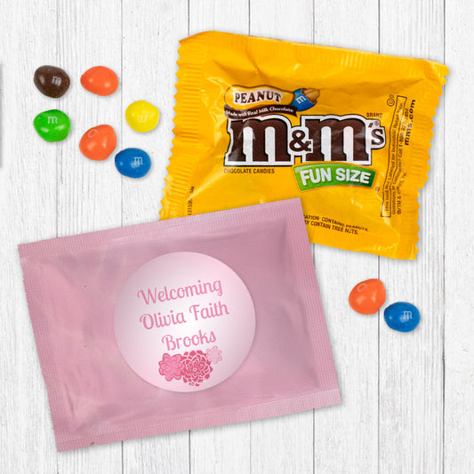 Personalized Pink Flower Baby Girl Announcement Candy Favor Bag - M&Ms or Skittles