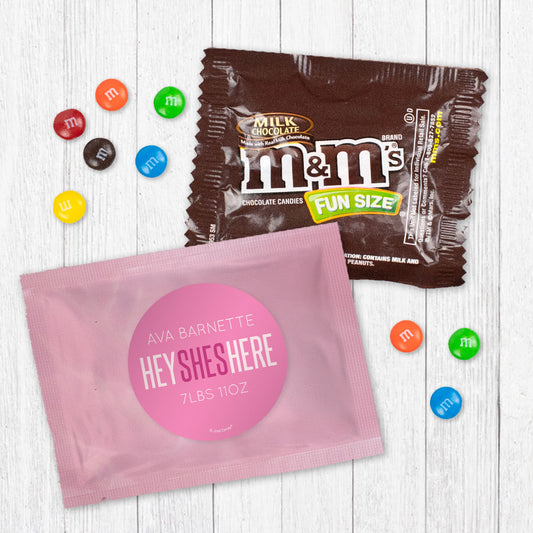 Personalized She's Here! Baby Girl Announcement Candy Favor Bag - M&Ms or Skittles