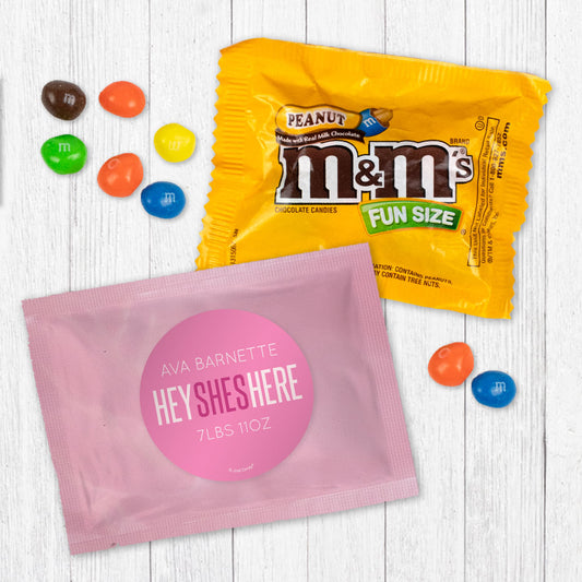 Personalized She's Here! Baby Girl Announcement Candy Favor Bag - M&Ms or Skittles