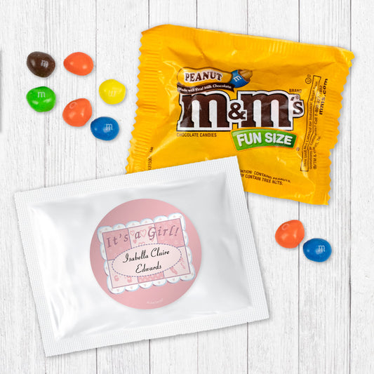 Personalized Stitched with Love Baby Girl Announcement Candy Favor Bag - M&Ms or Skittles