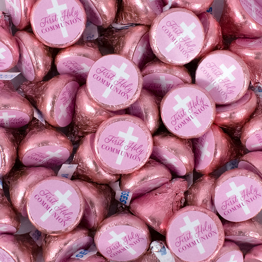 Assembled First Holy Communion Pink Hershey's Kisses Candy 13.6oz Bag 85ct and Stickers