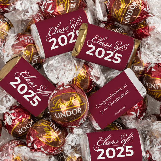 Maroon Graduation Chocolate Mix - Hershey's Miniatures and Lindor Truffles - 65 Pieces
