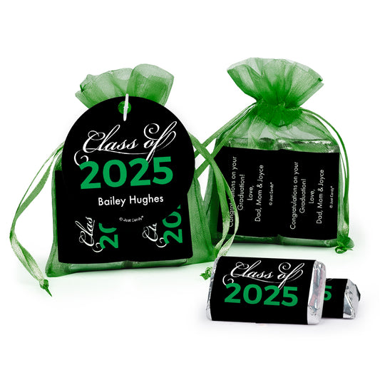 Personalized Graduation Green Class Of Hershey's Miniatures in XS Organza Bags with Gift Tag