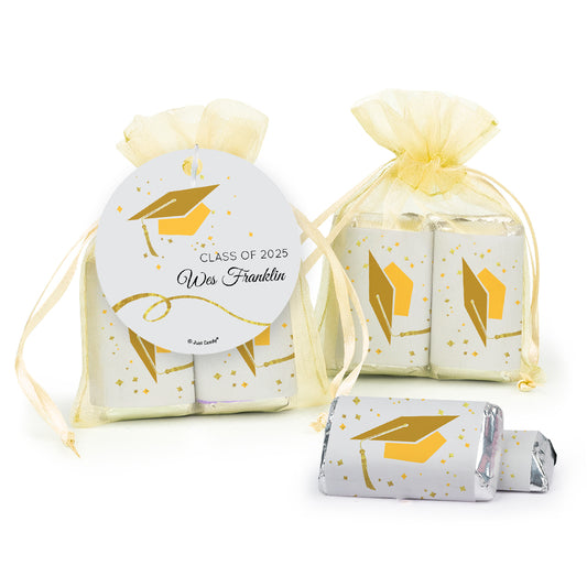 Personalized Yellow Graduation Yellow Cap & Confetti Hershey's Miniatures in XS Organza Bags with Gift Tag