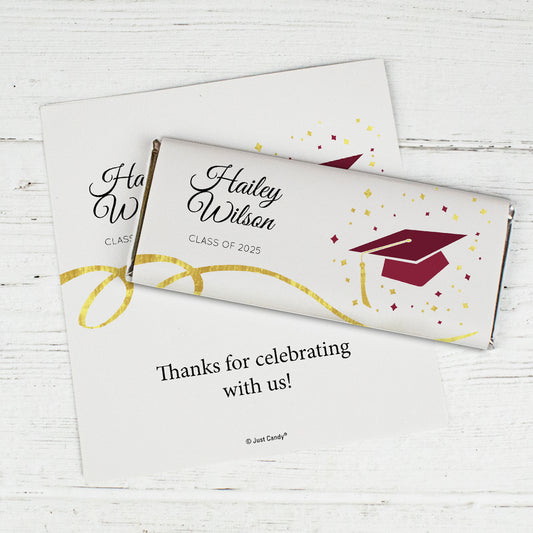 Maroon Graduation Personalized Chocolate Bar Cap & Confetti