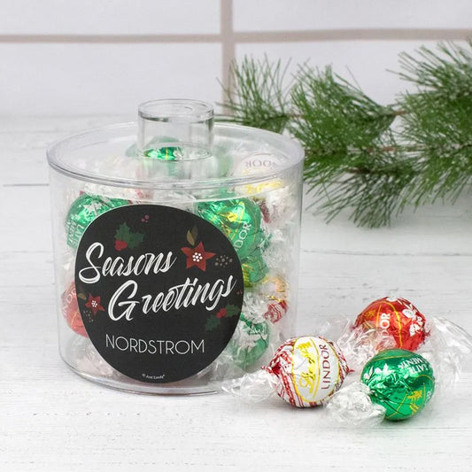 Personalized Christmas Pointsettia Season Greetings Lindor Truffles Short Canister Gift - Truffle Mix