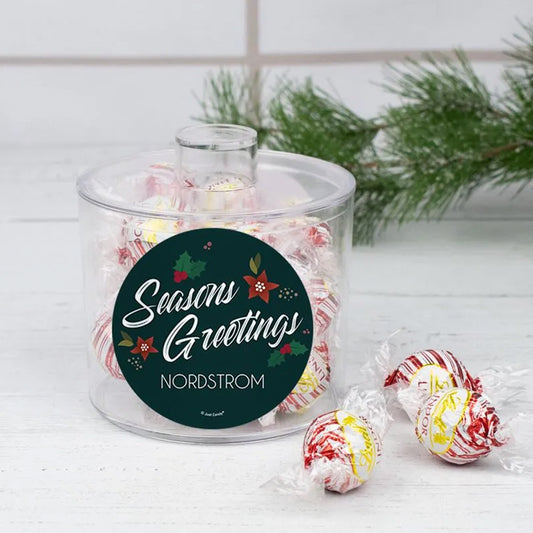 Personalized Christmas Pointsettia Season Greetings Lindor Truffles Short Canister Gift - Peppermint Truffles