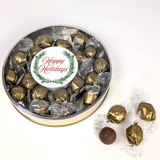 Happy Holidays Dubai Chocolate Truffles Gift Tin - Wreath