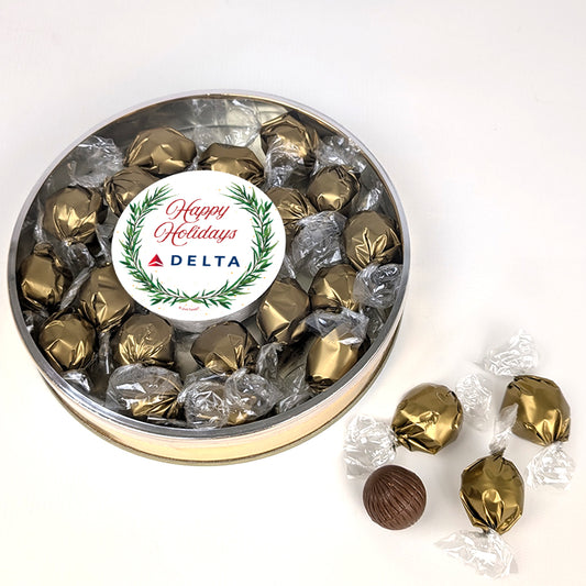 Personalized Happy Holidays Dubai Chocoalate Truffles Gift Tin - Logo Wreath