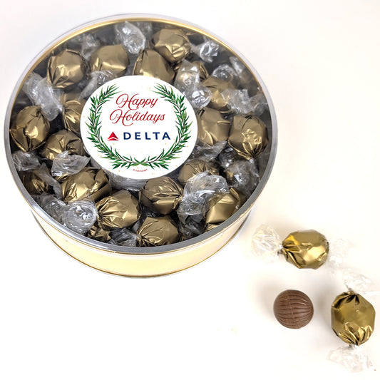 Personalized Happy Holidays Dubai Chocoalate Truffles Gift Tin - Logo Wreath
