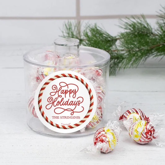 Personalized Christmas Happy Holiday Swirls Lindor Truffles Short Canister Gift - Peppermint Truffles