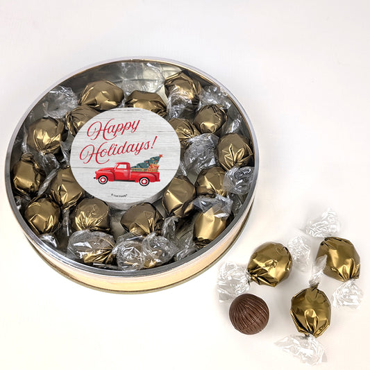 Happy Holidays Dubai Chocolate Truffles Gift Tin - Red Truck