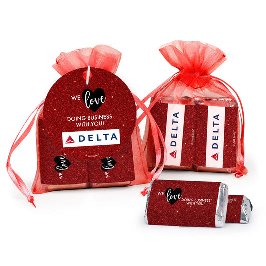 Personalized Valentine's Day Corporate Dazzle Add Your Logo Hershey's Miniatures in Organza Bags with Gift Tag
