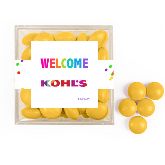 Personalized Welcome JUST CANDY® favor cube with Just Candy Milk Chocolate Minis