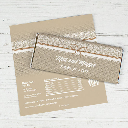 Wedding Favor Personalized Chocolate Bar Wrappers Burlap and Lace
