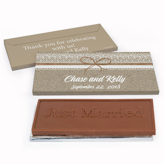 Deluxe Personalized Wedding Burlap and Lace Chocolate Bar in Gift Box