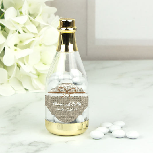 Personalized Wedding Burlap and Lace Champagne Bottle with Just Candy Chocolate Minis